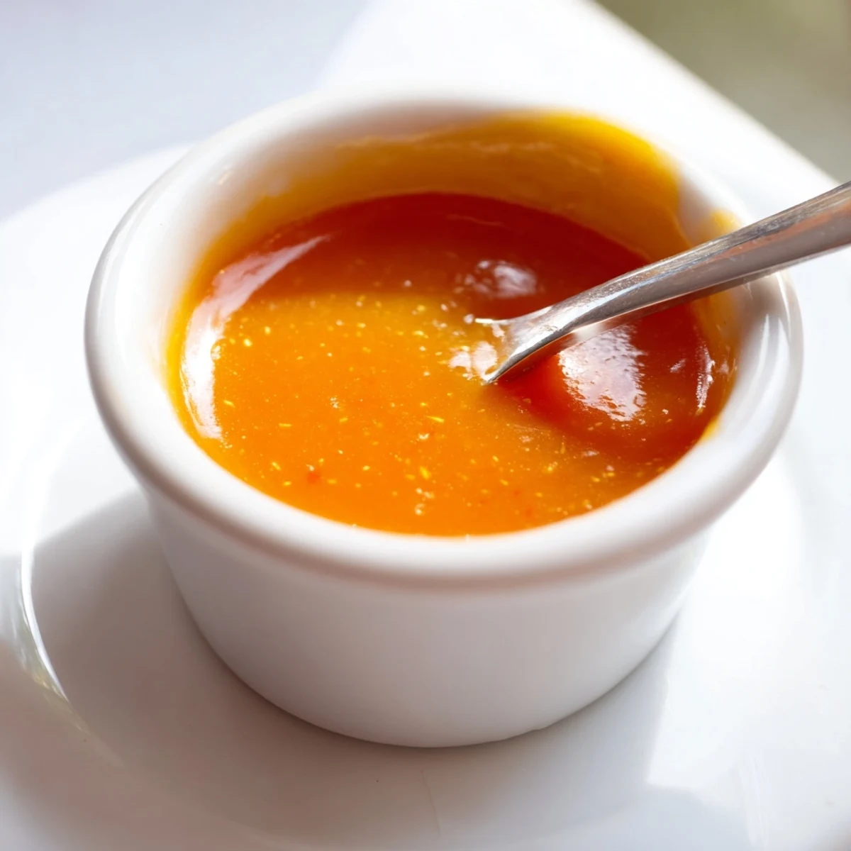 Golden orange McDonalds sweet and sour sauce in a small white dipping bowl