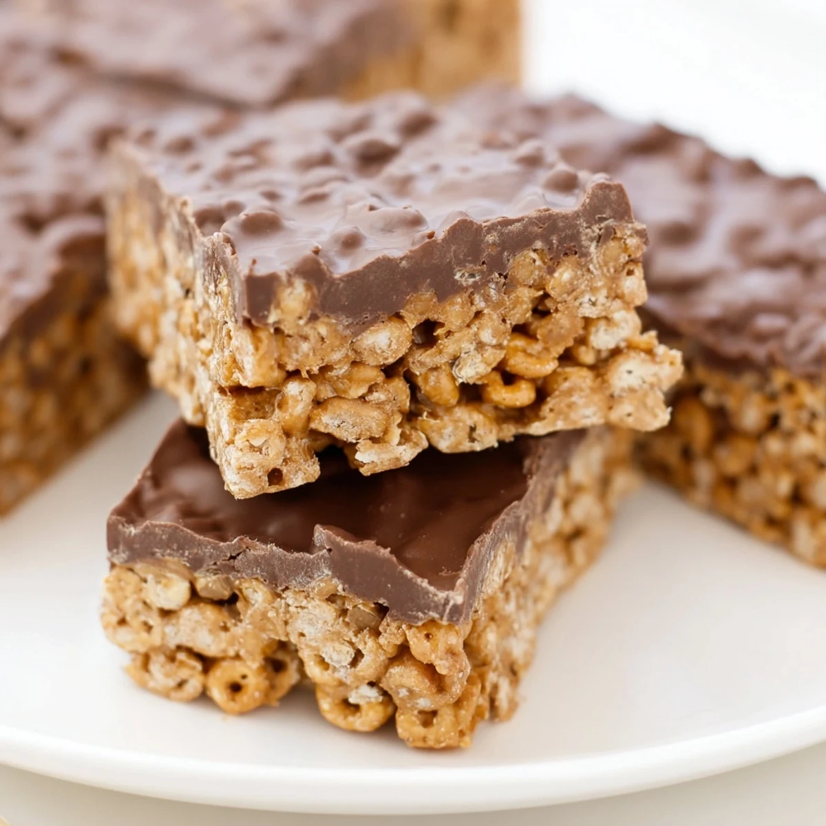Sliced honey Chex chocolate peanut butter bars arranged on a white serving platter