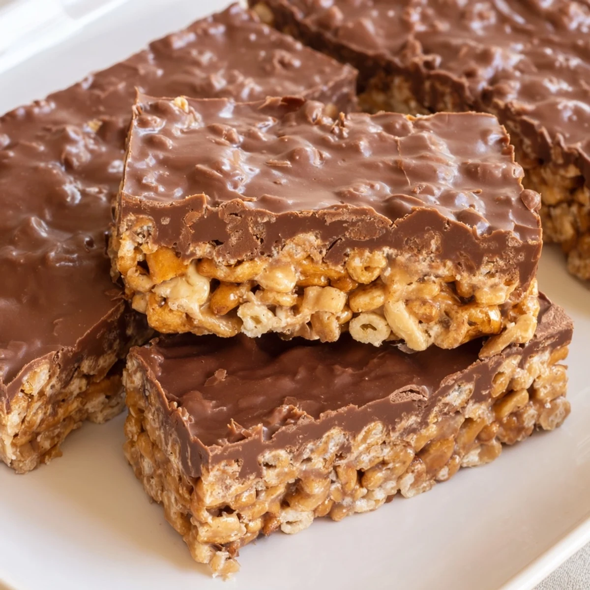 No-bake Chex cereal squares topped with smooth melted chocolate and creamy peanut butter swirl