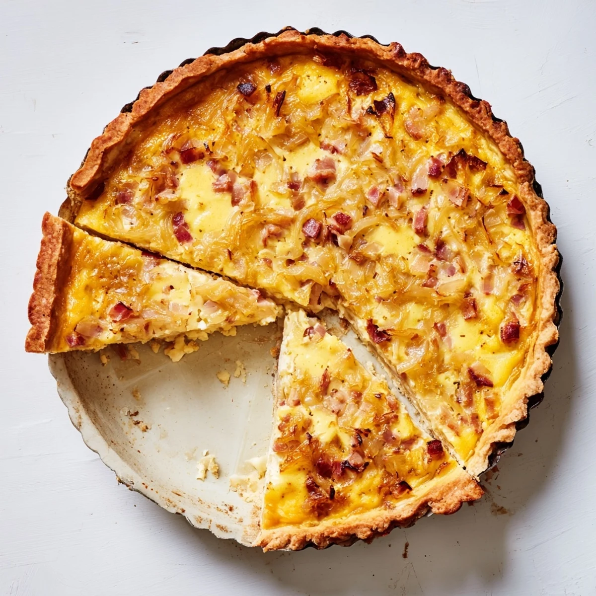 Golden German onion pie slice with caramelized onions and crispy bacon on flaky pastry crust
