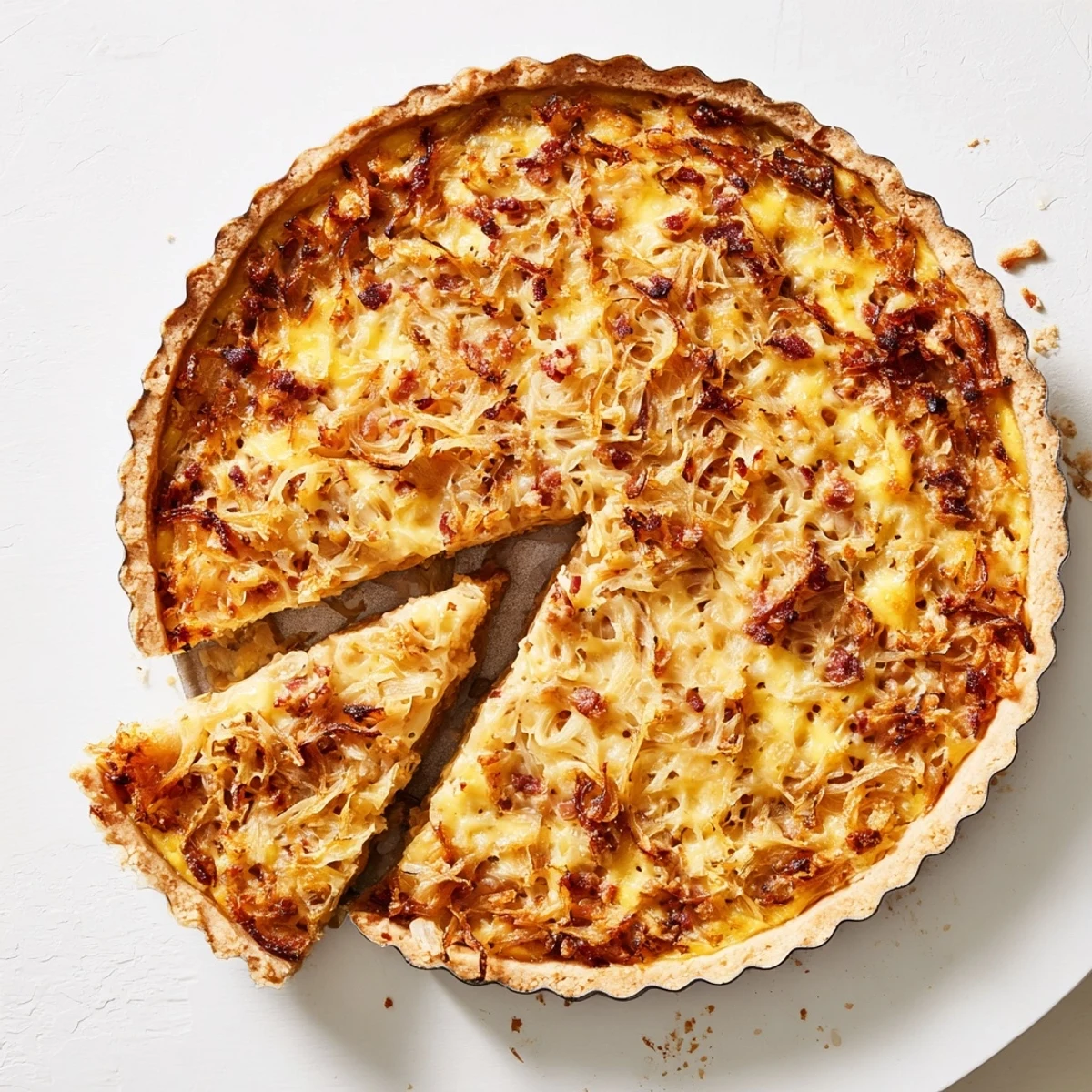 Savory German onion pie tart featuring creamy custard filling topped with melted cheese and golden onions
