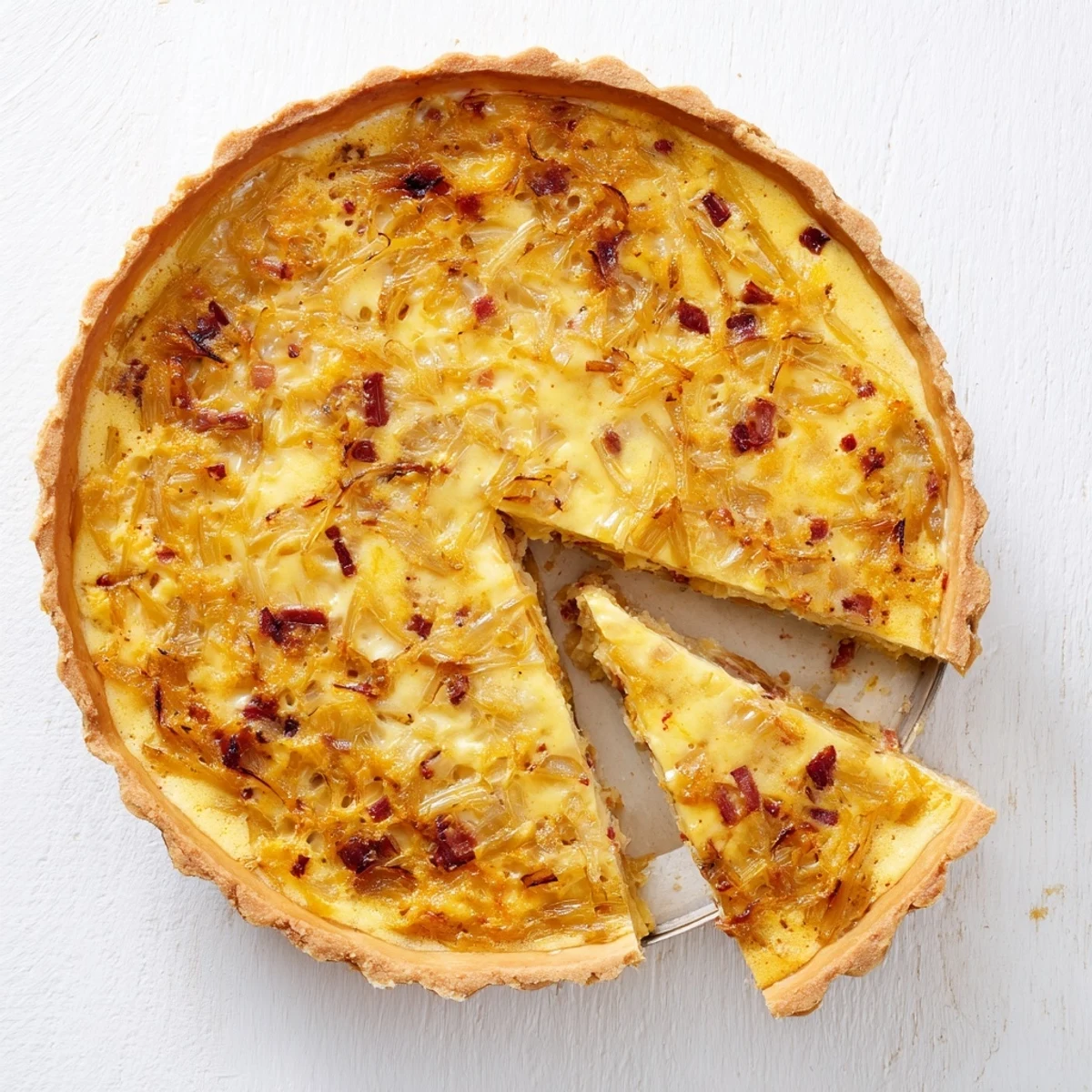 German onion pie baked in a white dish showcasing the rich caramelized onion and bacon filling