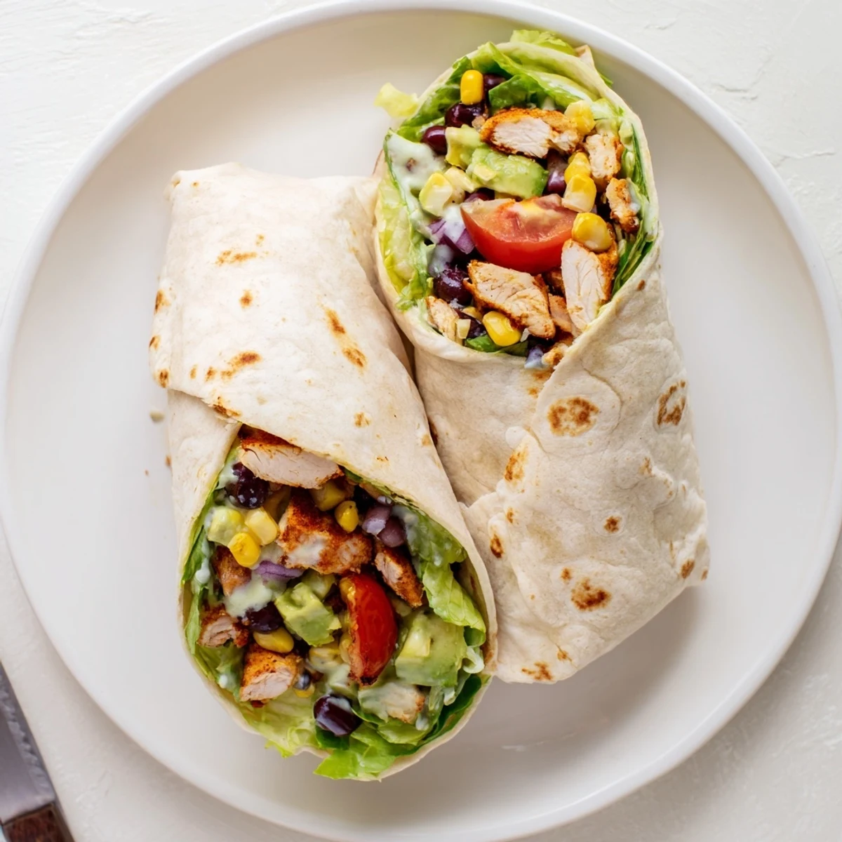 Golden southwest chicken wraps with seasoned meat, crisp lettuce, tomatoes, black beans, and creamy zesty sauce in soft flour tortillas