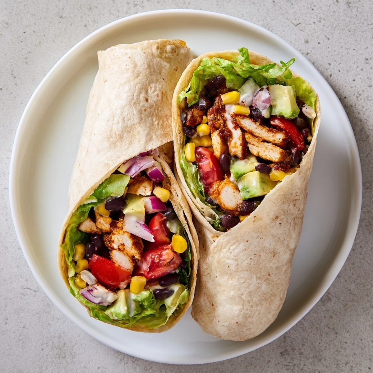 Fresh southwest chicken wraps featuring spiced grilled chicken, colorful veggies, avocado, and tangy southwest sauce rolled in warm tortillas