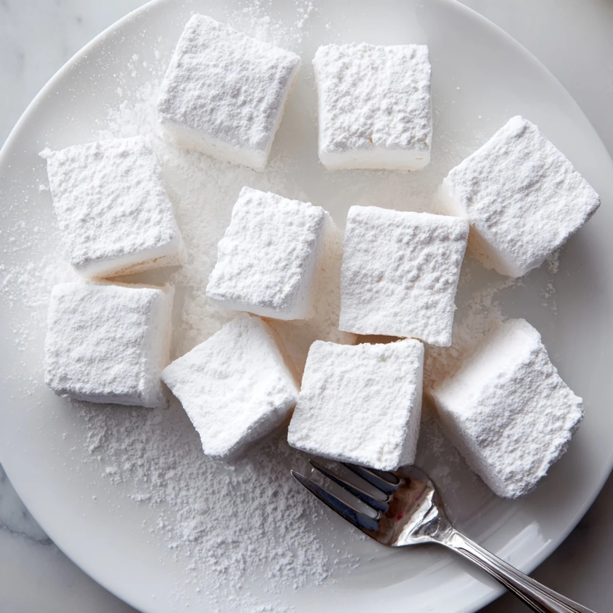 Soft square marshmallows arranged on white plate after being cut into bite-sized pieces