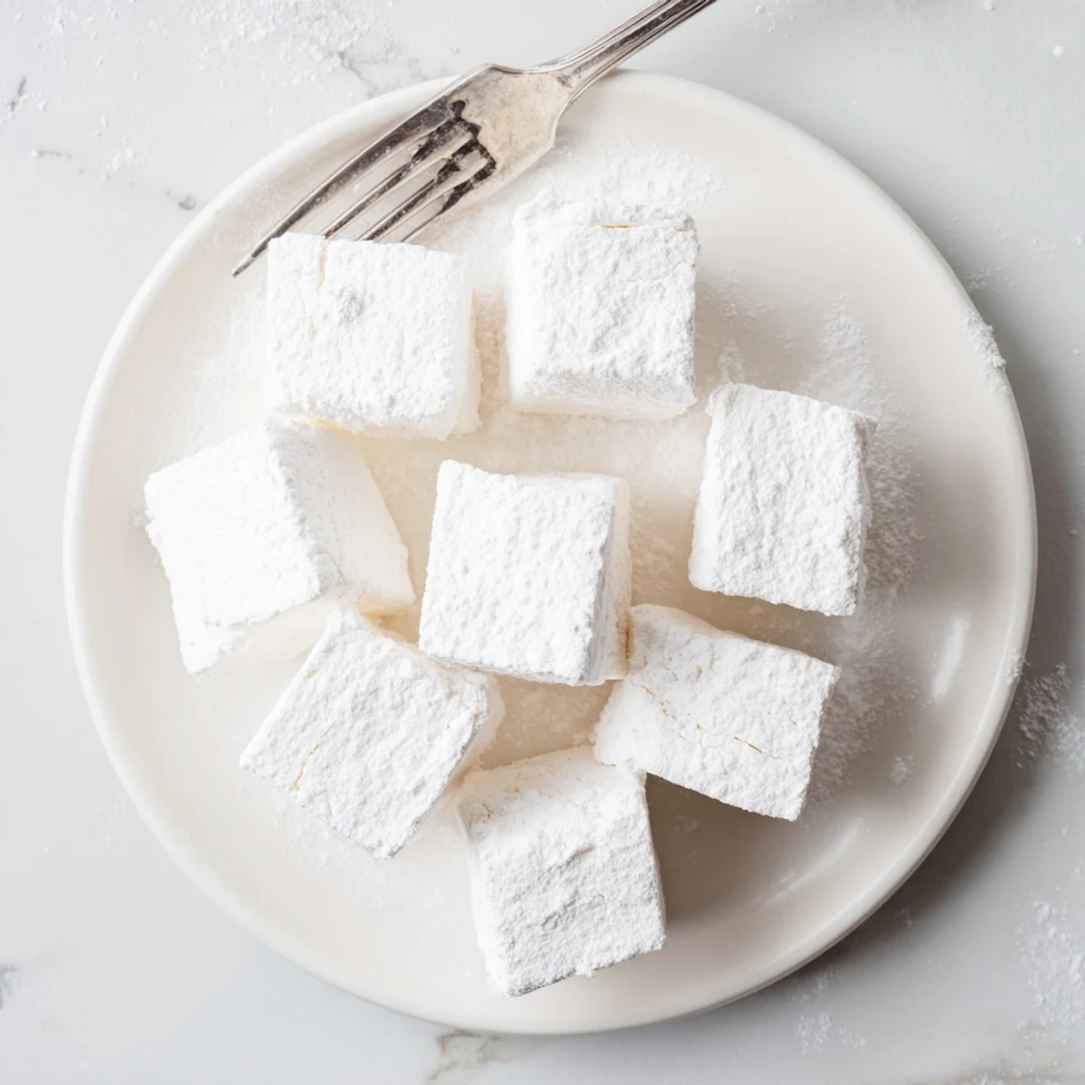 Fluffy white homemade marshmallows dusted with powdered sugar, ready for hot chocolate
