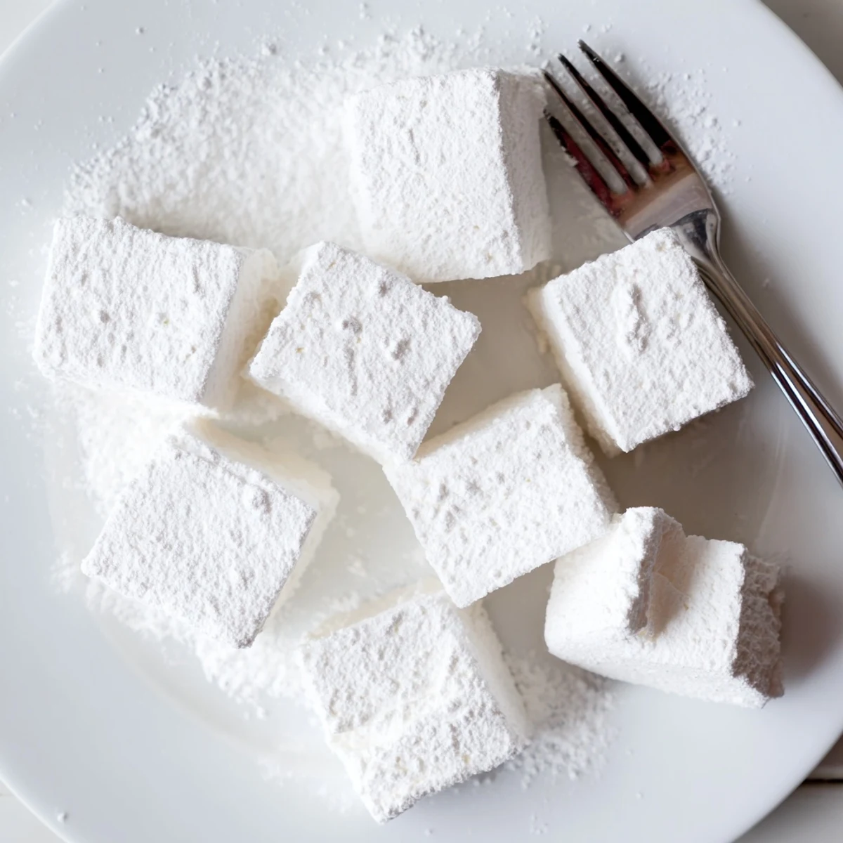 Glossy vanilla marshmallow mixture spread in pan before setting into fluffy homemade treats