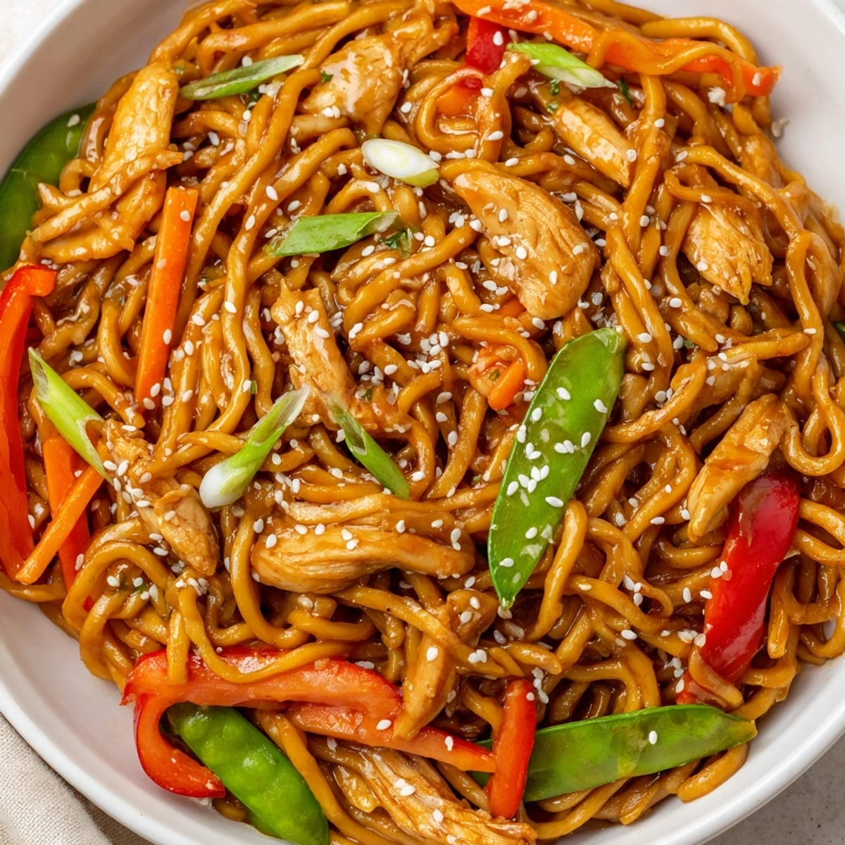 Golden sticky garlic chicken noodles with colorful vegetables in glossy sweet-salty sauce