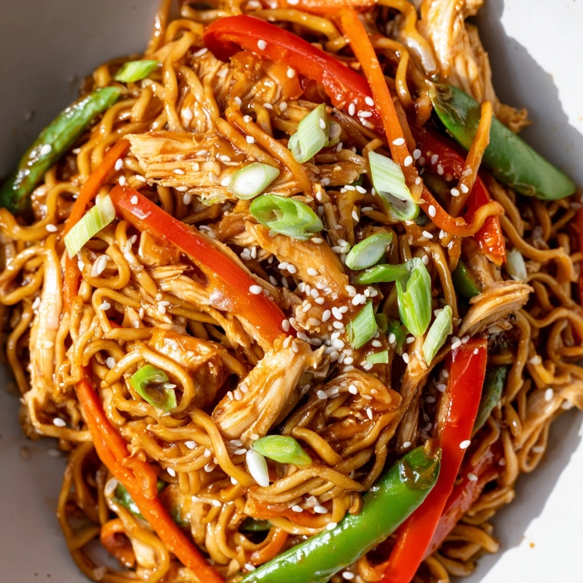 Weeknight sticky garlic chicken noodles garnished with scallions and sesame seeds