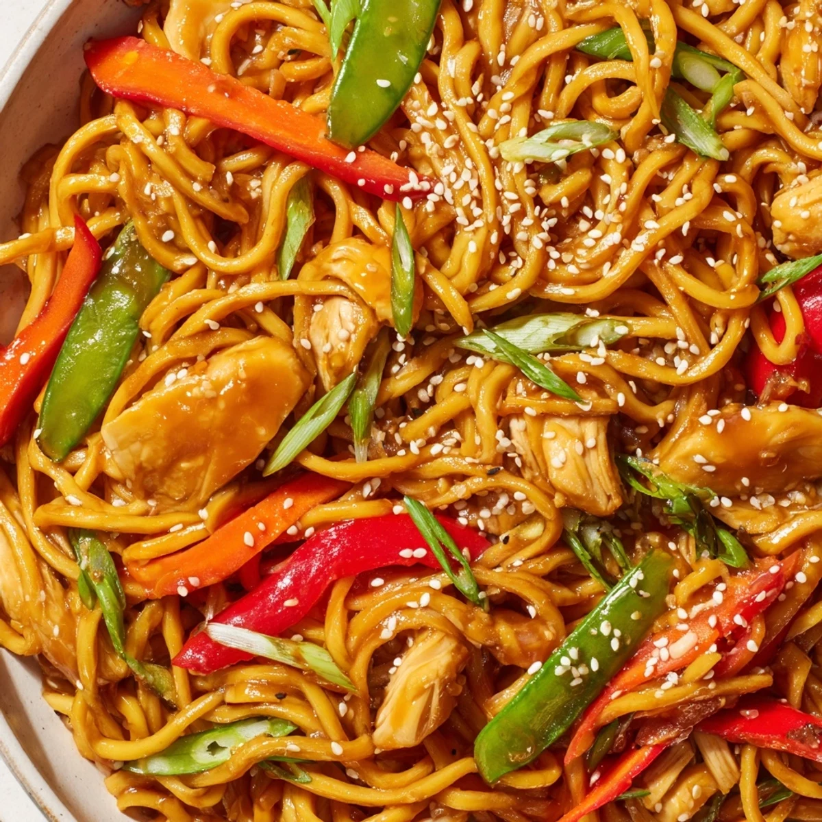 Chewy egg noodles tossed with tender chicken and crisp veggies in sticky garlic glaze