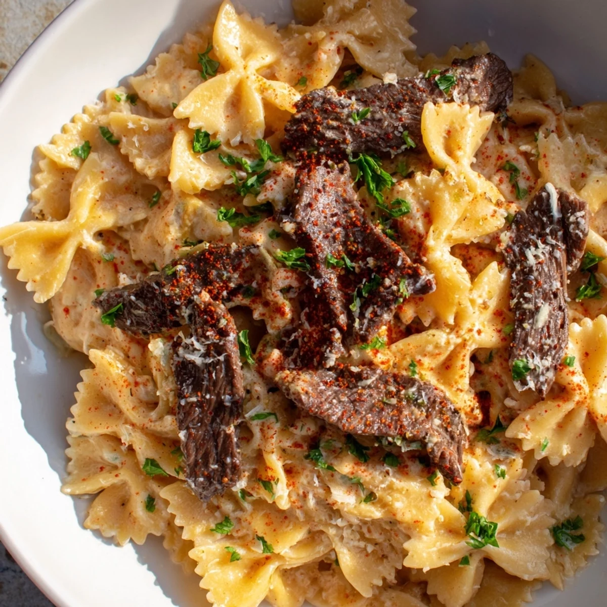 Cajun Cream Cheese Alfredo Bowties featuring spiced beef and a rich, velvety sauce