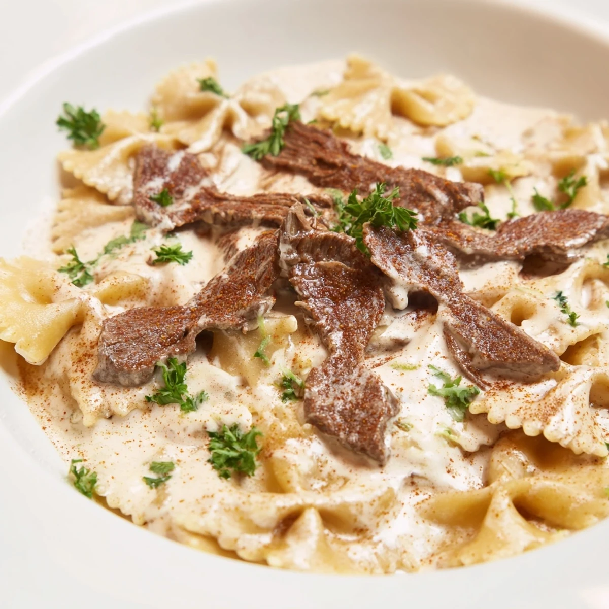 Creamy Cajun Alfredo pasta bowl topped with tender spice-rubbed beef and fresh parsley