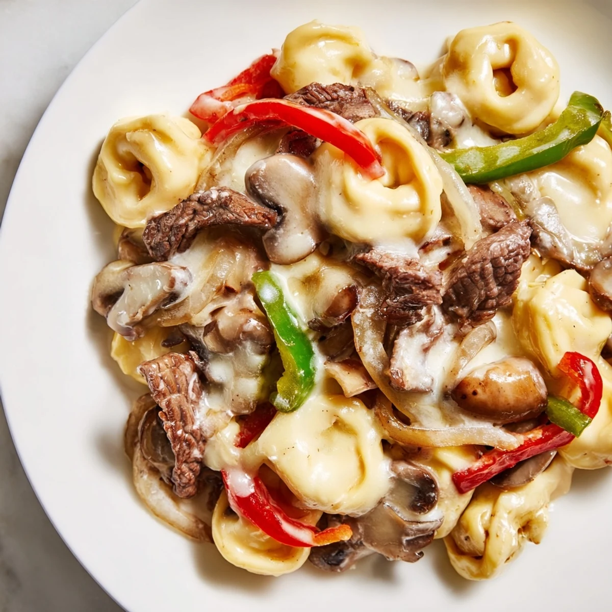 Hearty bowl of cheesesteak tortellini featuring sliced steak, colorful bell peppers, and gooey cheese pasta in a savory cream sauce
