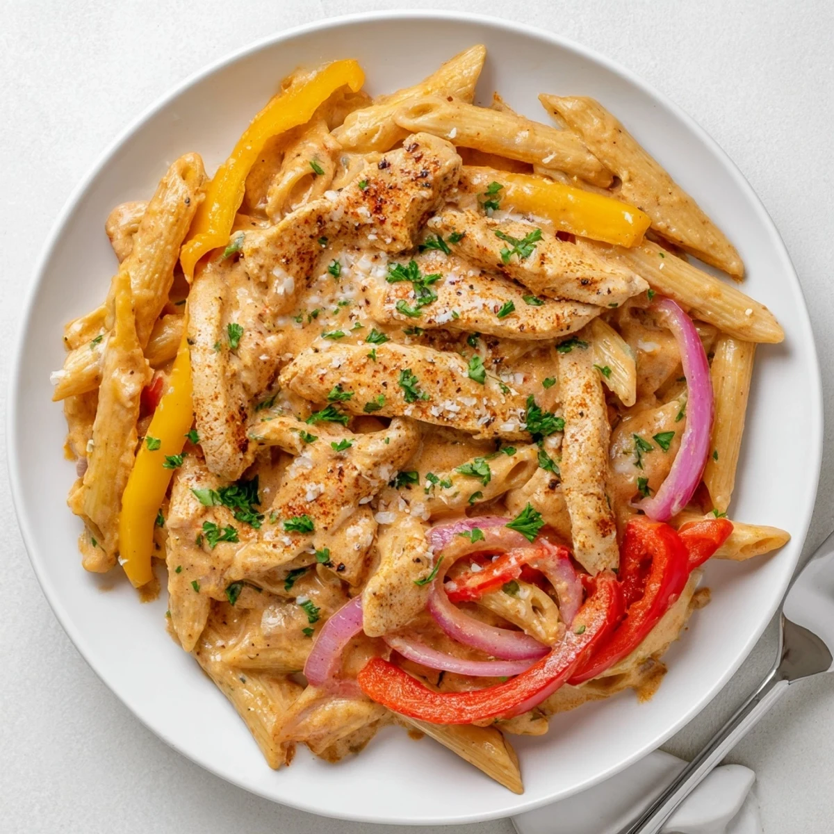 Creamy Cajun chicken pasta in a white bowl garnished with fresh parsley