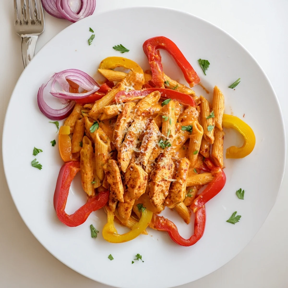 Spicy Cajun chicken pasta with tender strips and colorful bell peppers