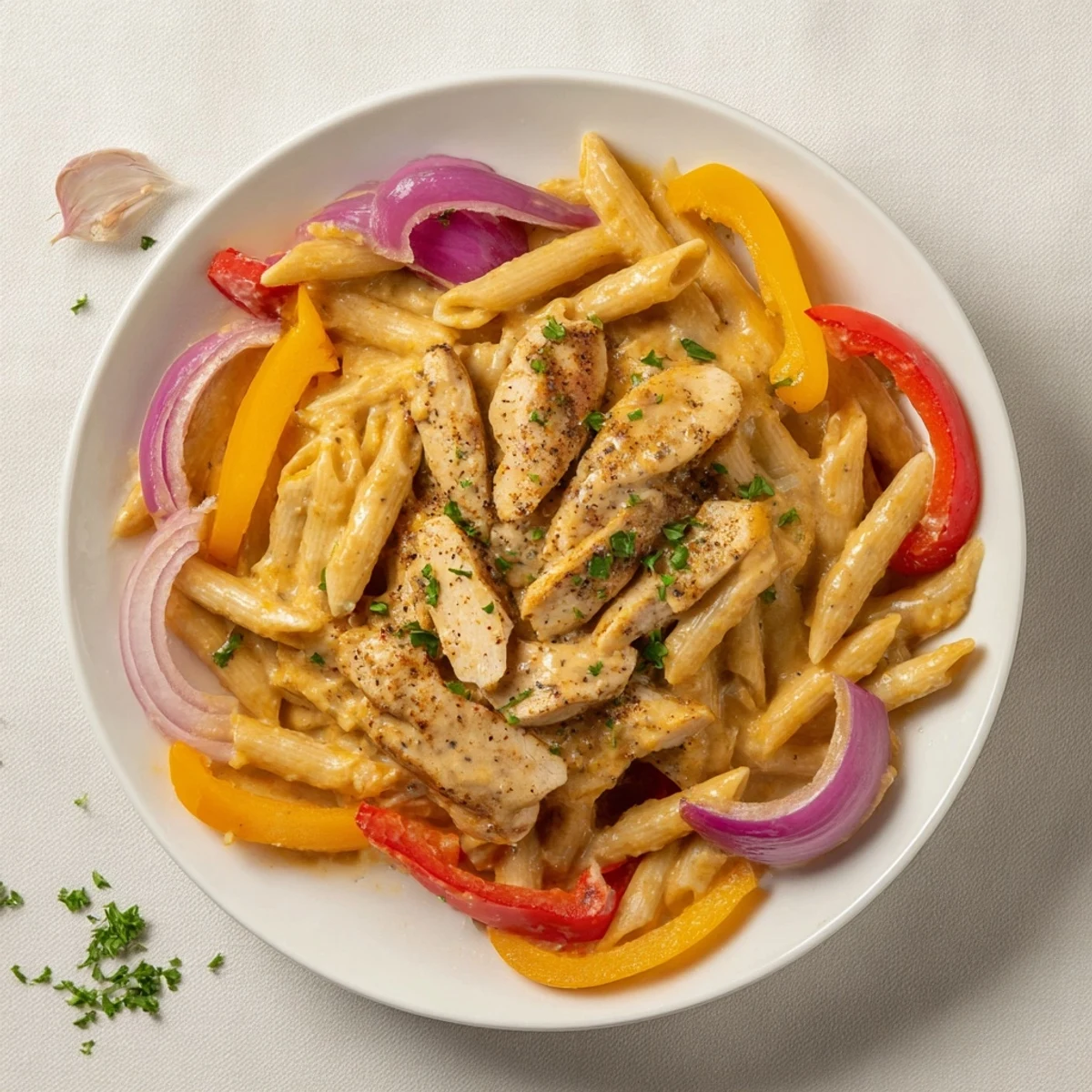 Plate of creamy Cajun chicken pasta topped with grated Parmesan cheese