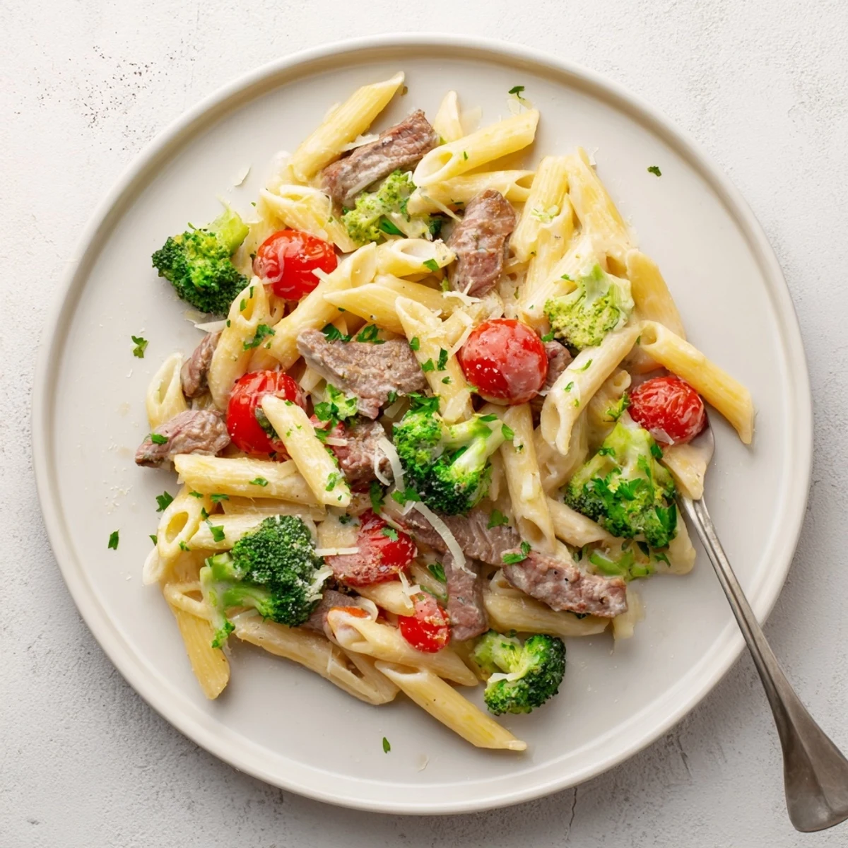 Creamy garlic steak penne pasta with tender beef strips, broccoli florets, and bright red cherry tomatoes in a rich white sauce.