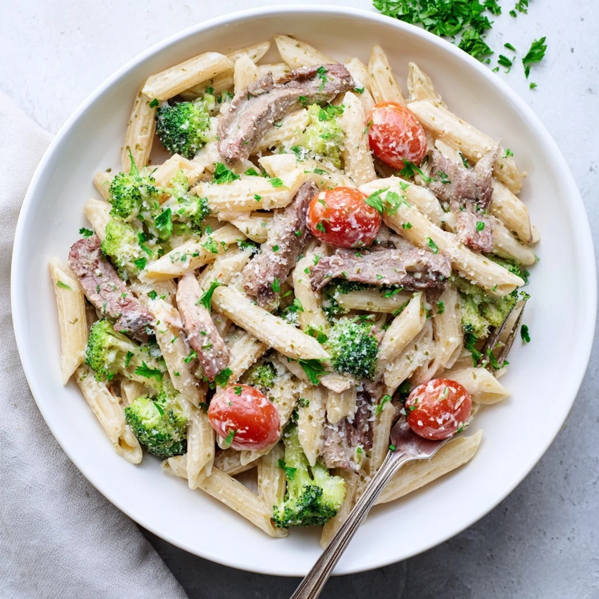 Plate of savory penne tossed with sliced steak, fresh broccoli, and juicy tomatoes in a garlicky Parmesan cream sauce.