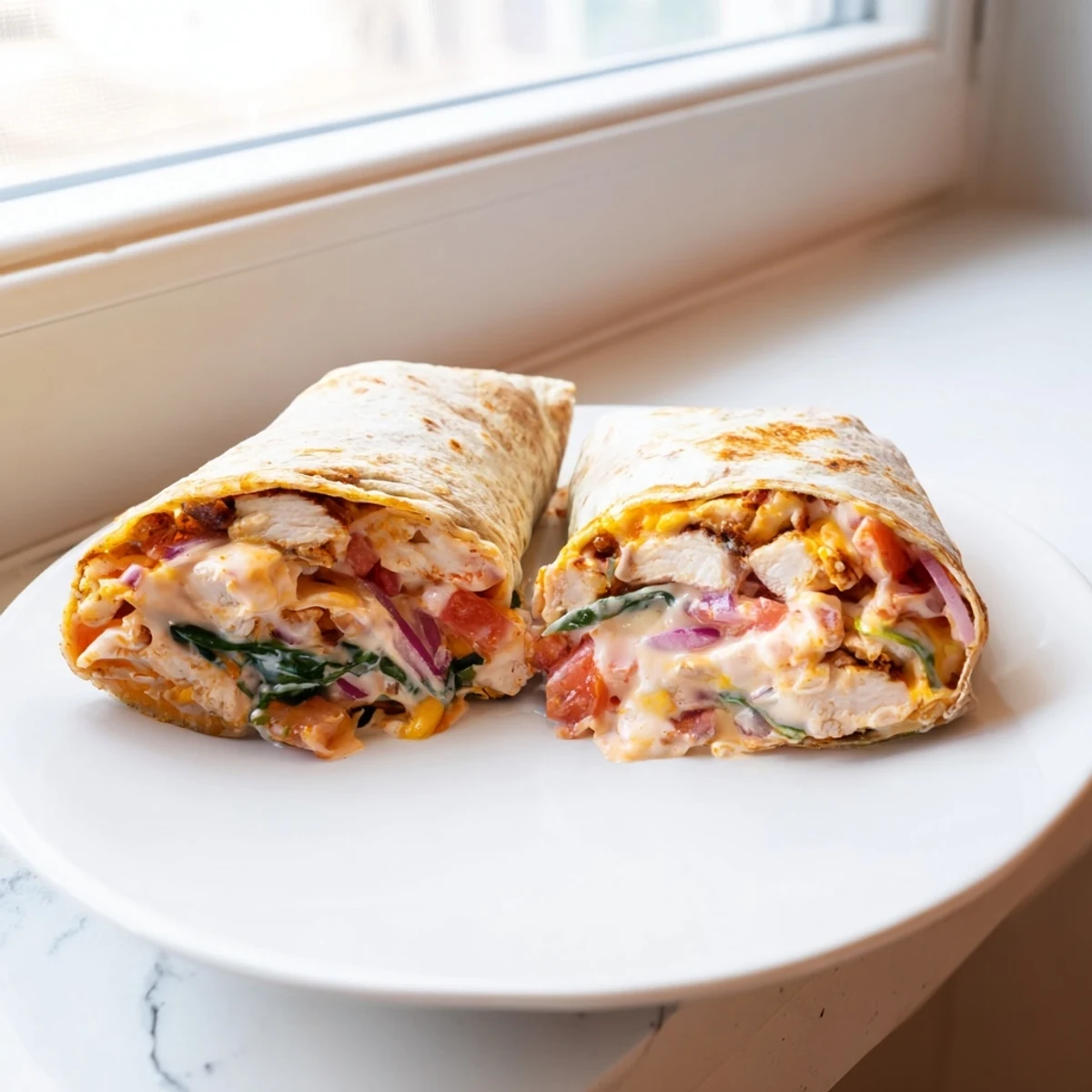 Warm low-carb tortilla packed with seasoned grilled chicken strips mozzarella cheddar and crisp vegetables