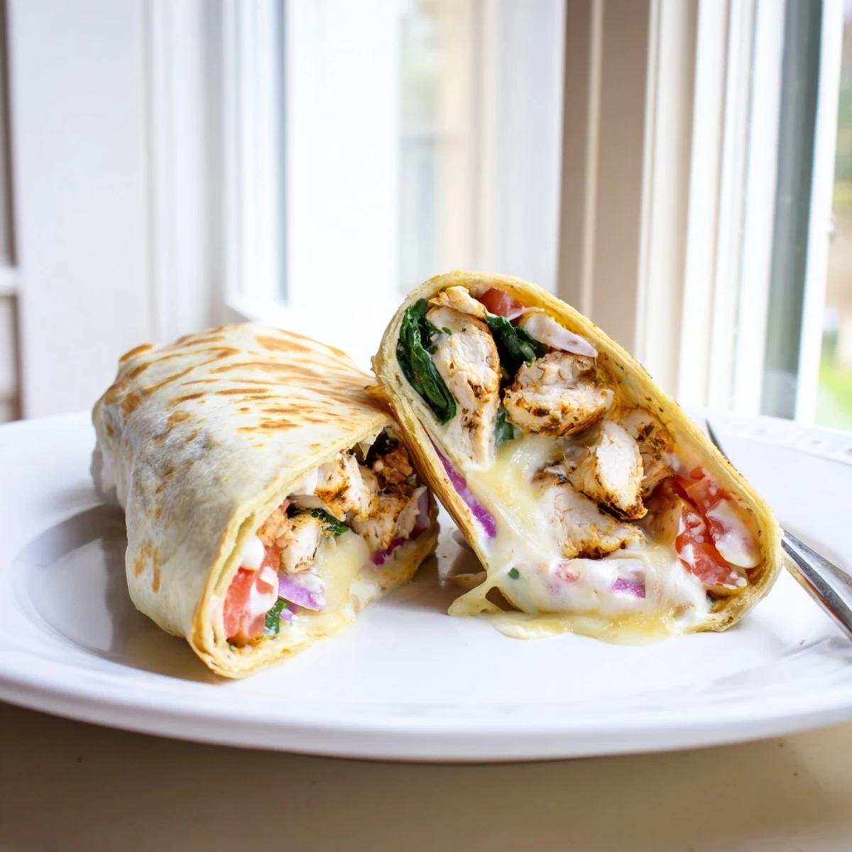 Delicious cheesy garlic chicken wraps rolled tightly with juicy chicken melty cheese and a creamy garlic sauce drizzle
