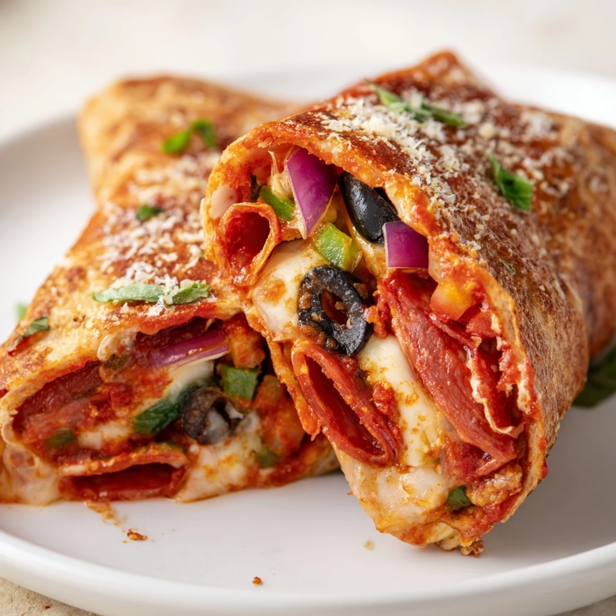 Crispy air fried pizza burritos sliced open revealing cheesy filling and fresh toppings
