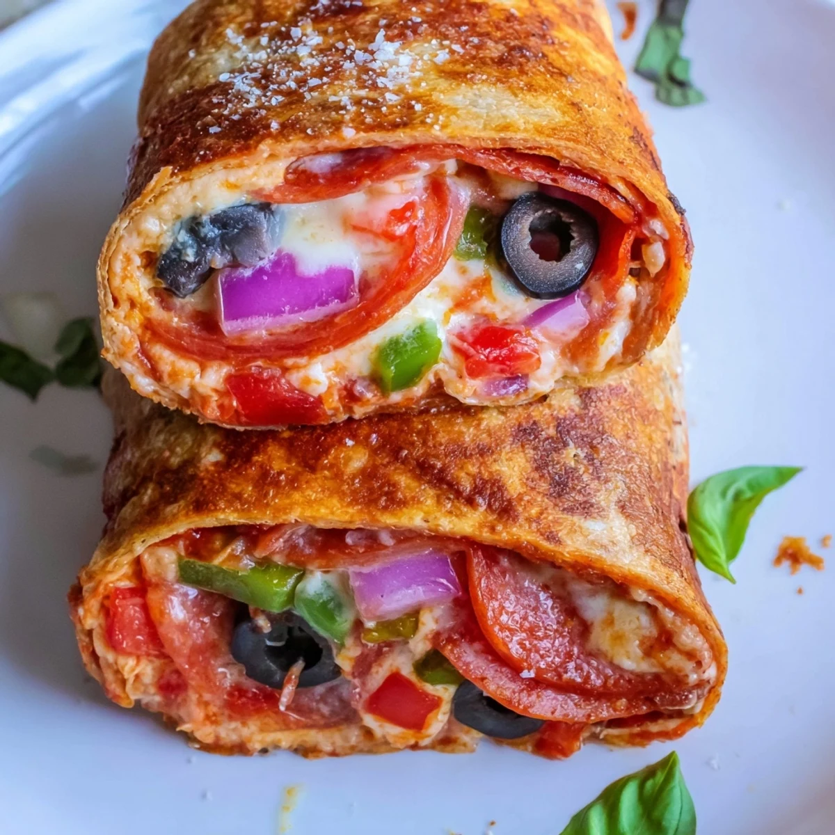Golden oven-baked pizza burritos filled with melty mozzarella, pepperoni, and colorful vegetables