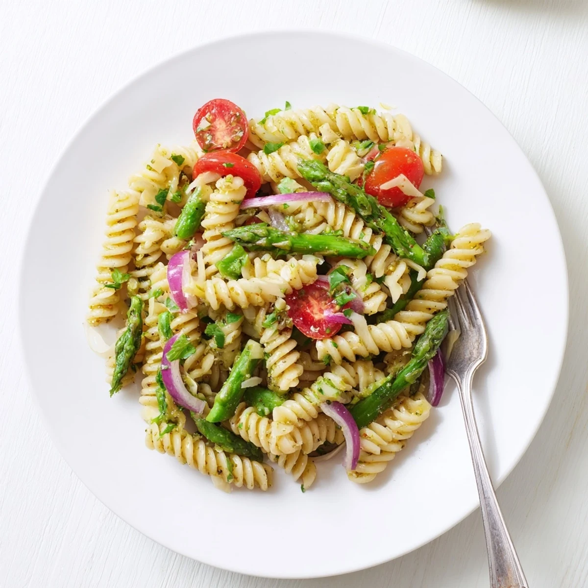 Golden lemon asparagus pasta salad tossed with cherry tomatoes in a light citrus herb dressing