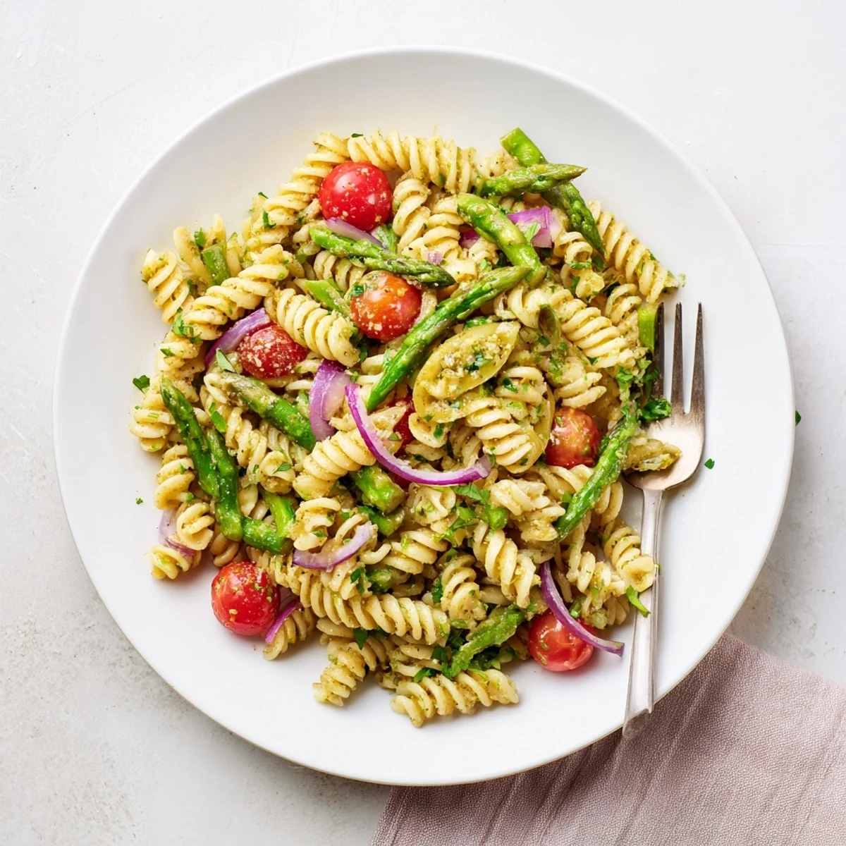 Bright spring lemon asparagus pasta salad featuring al dente pasta with fresh parsley and zesty vinaigrette