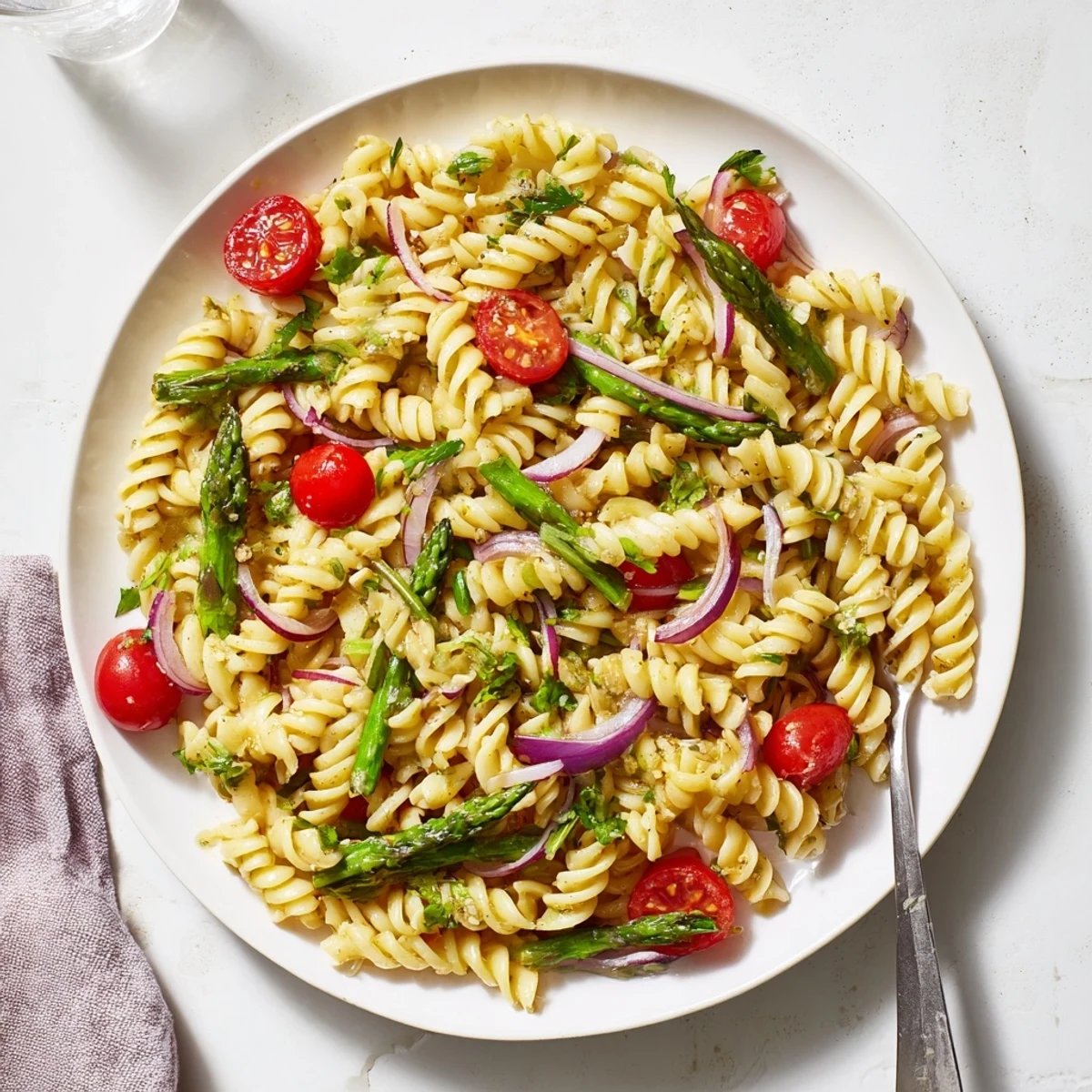 Refreshing lemon asparagus pasta salad with tender asparagus pieces, red onion, and parmesan garnish