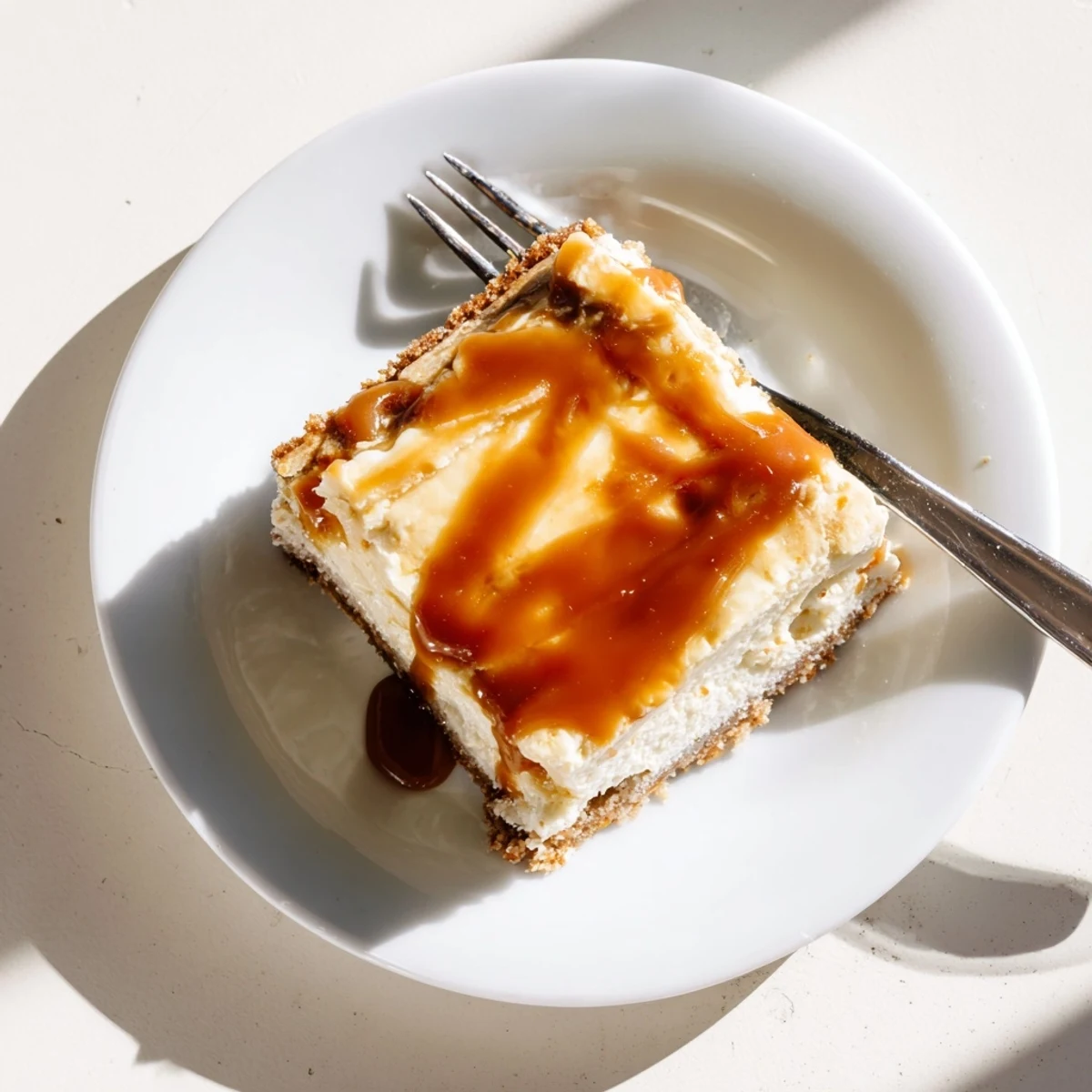Slice of creamy caramel cheesecake bar showing smooth cheesecake layer and glossy caramel topping
