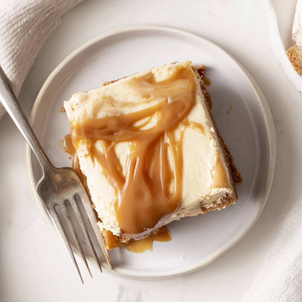 Golden caramel drips down rich creamy caramel cheesecake bars on graham cracker crust