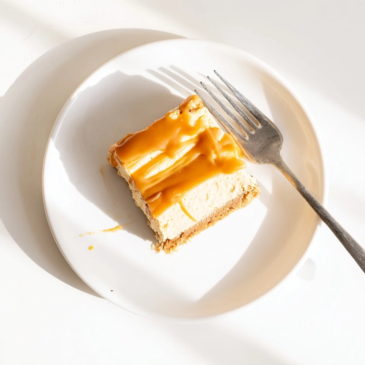 Square creamy caramel cheesecake bar plated with buttery crust and decadent caramel sauce swirls
