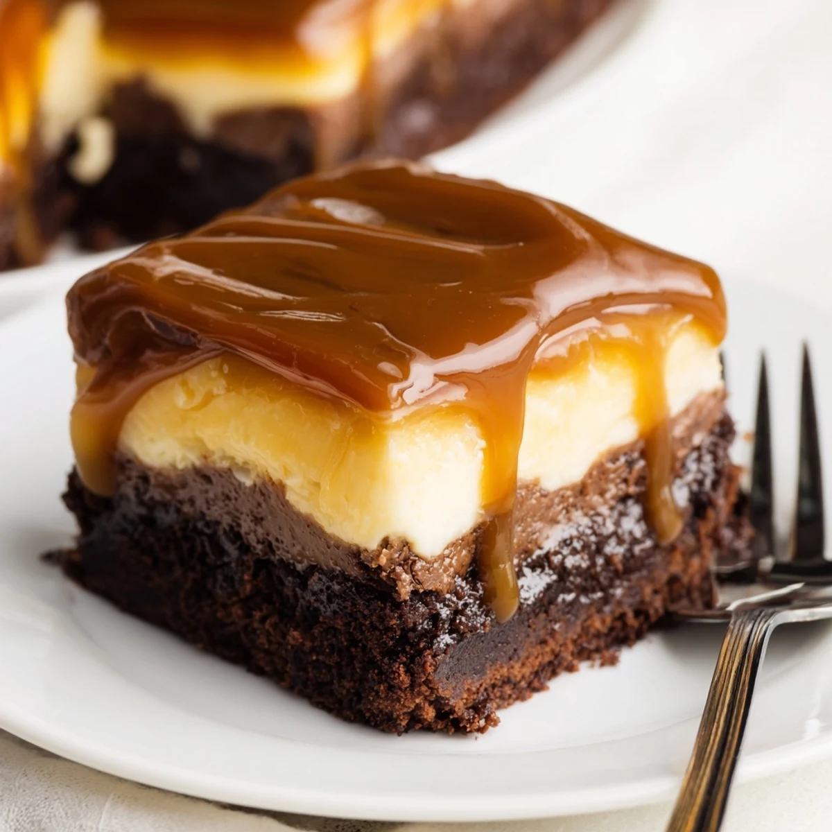 Decadent caramel brownie cheesecake bliss featuring creamy vanilla cheesecake topped with warm caramel sauce