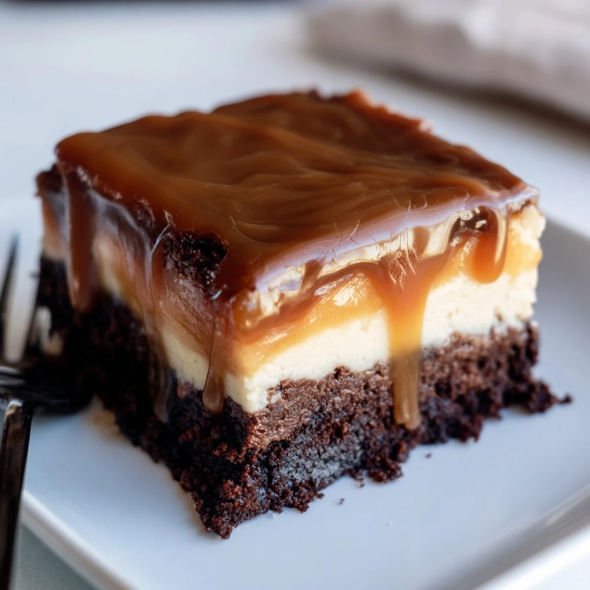 Rich caramel brownie cheesecake bars with glossy caramel drizzle over fudgy chocolate layers
