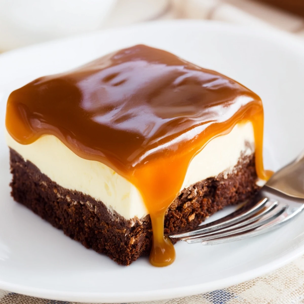 Square slice of caramel brownie cheesecake showcasing swirled chocolate and caramel on a white plate