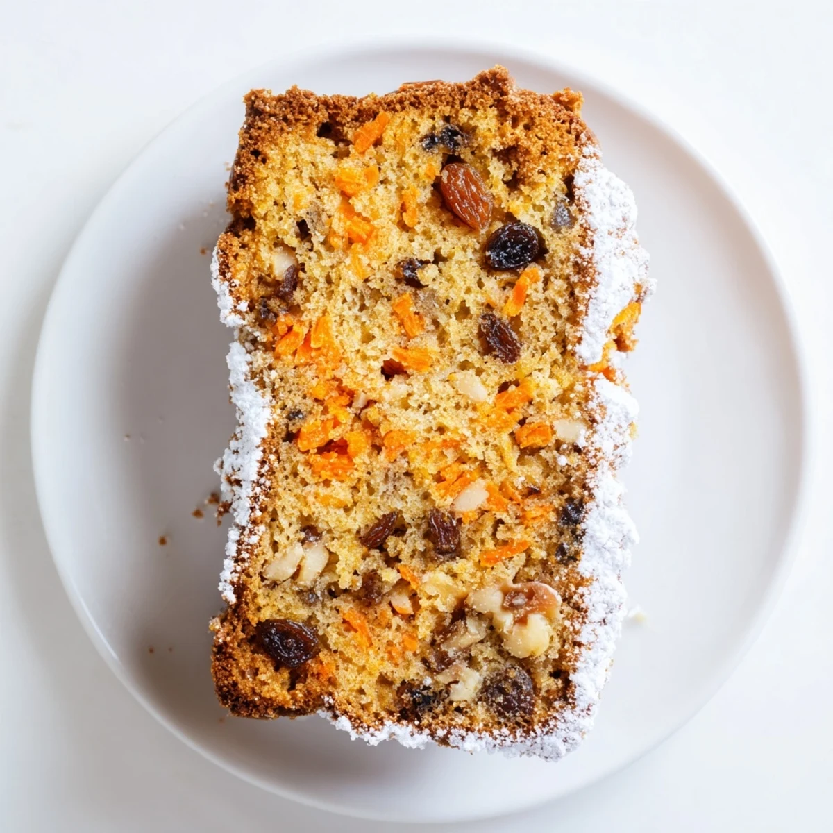 Moist Greek yogurt carrot cake slice topped with powdered sugar on a white plate