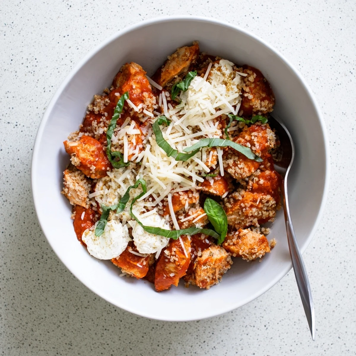 High protein chicken parm cottage cheese bowl garnished with fresh basil and crispy panko topping