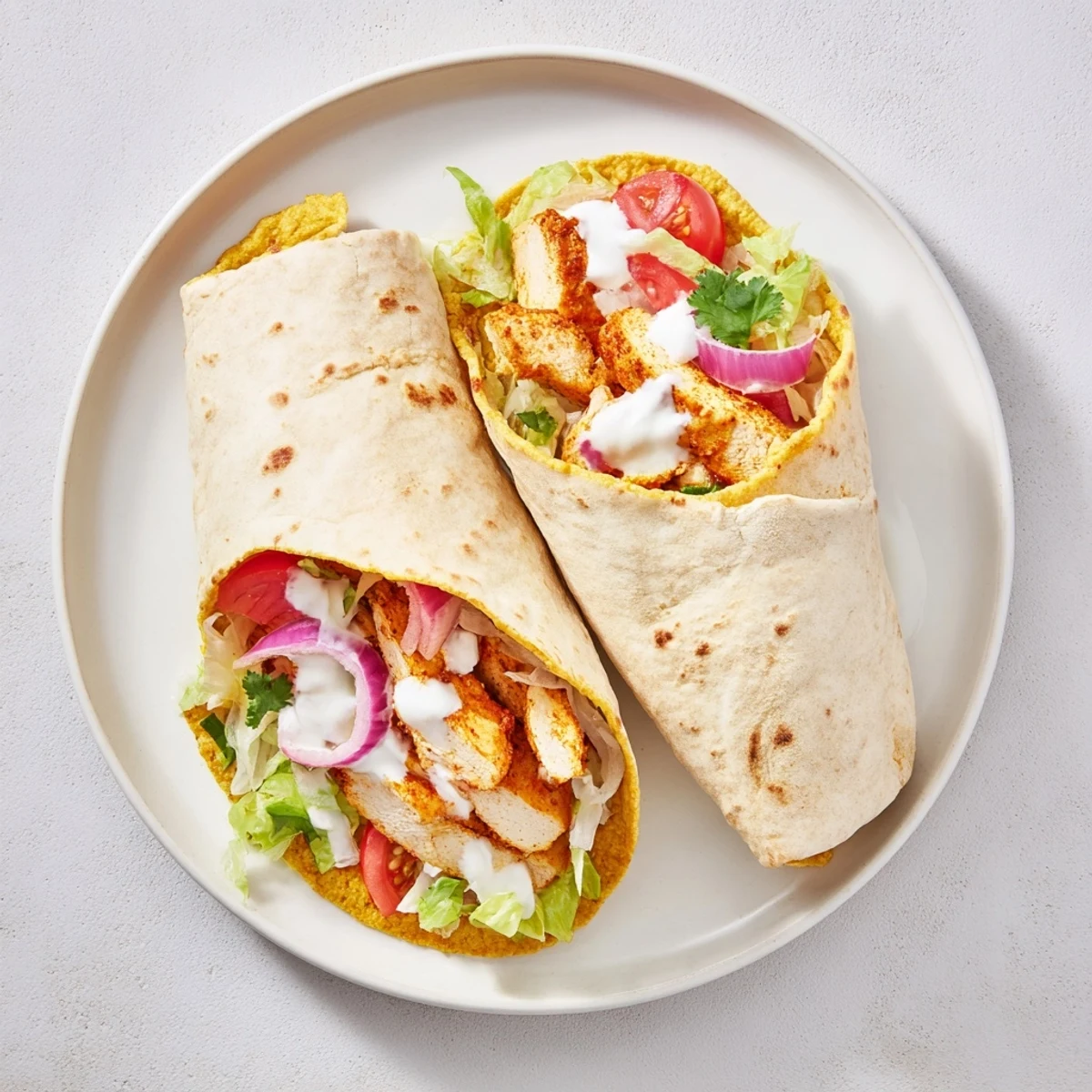 Golden cottage cheese flatbread wrapped around spiced grilled chicken with fresh lettuce tomato and creamy yogurt