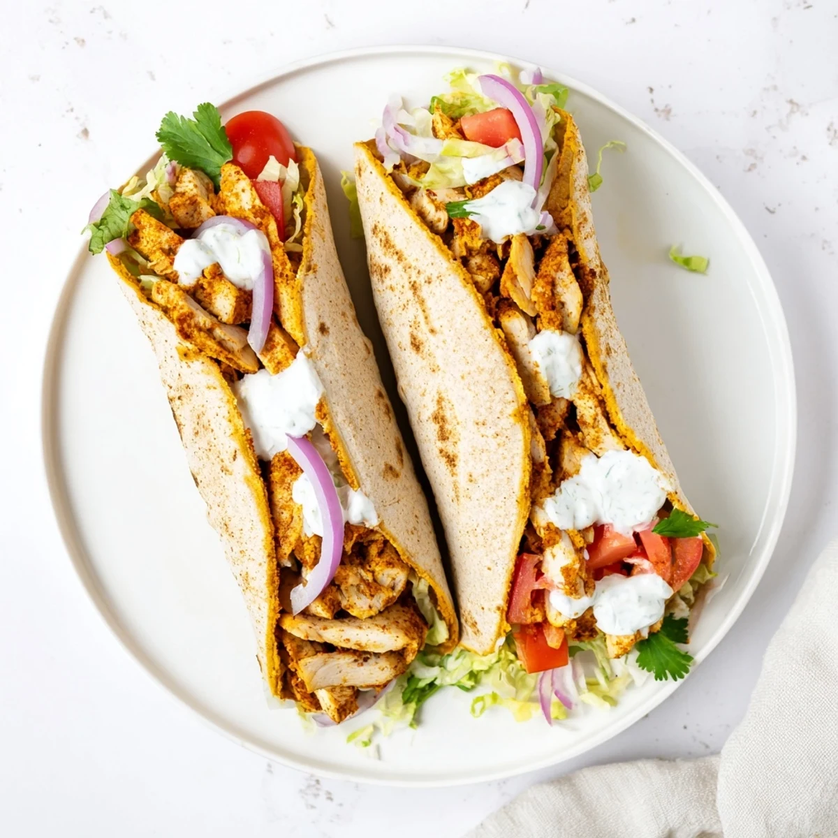 Protein-packed cottage cheese flatbread wrap featuring tender seasoned chicken strips crisp vegetables and tangy Greek yogurt drizzle