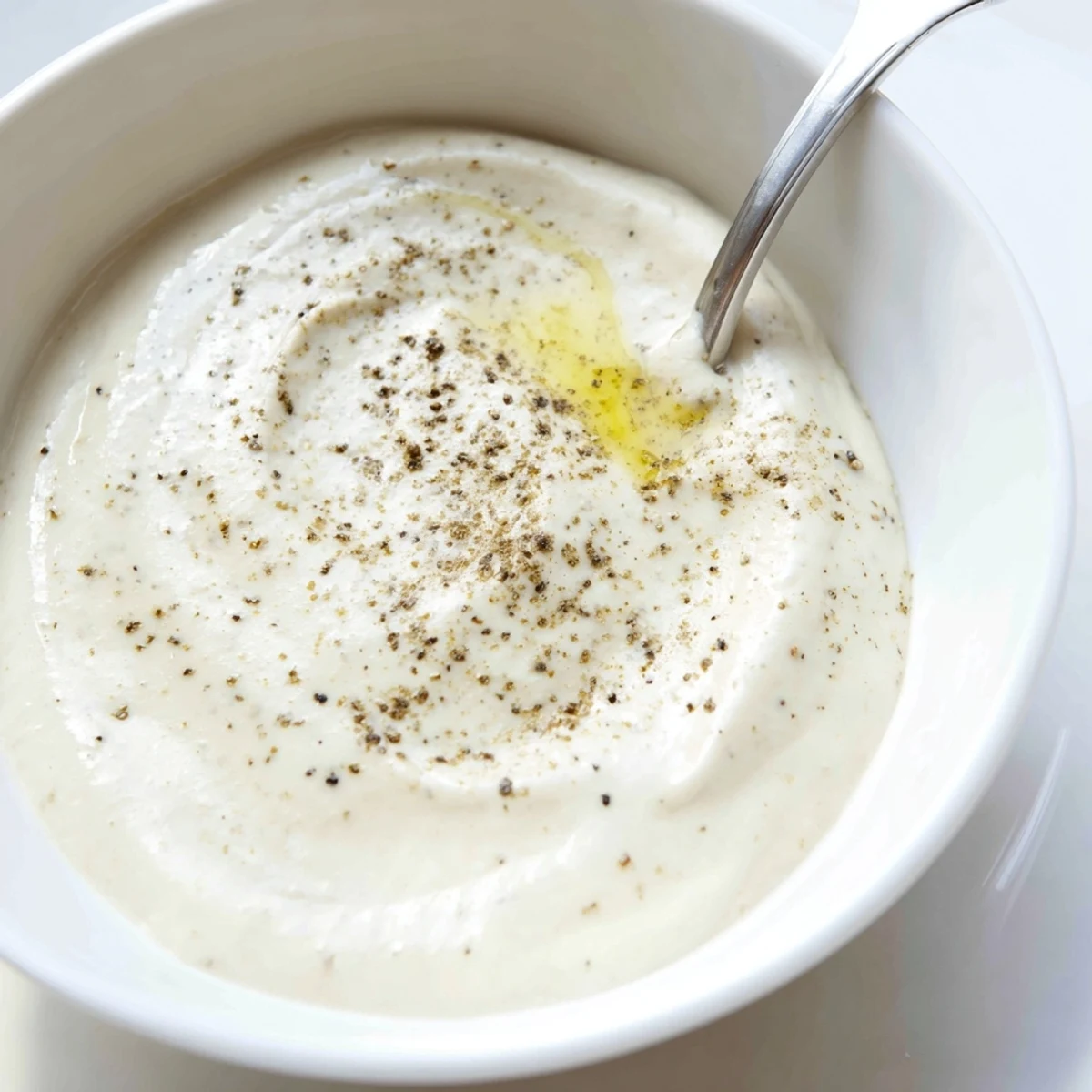 Creamy white chicken shawarma garlic sauce drizzled over spiced grilled meat in a bowl