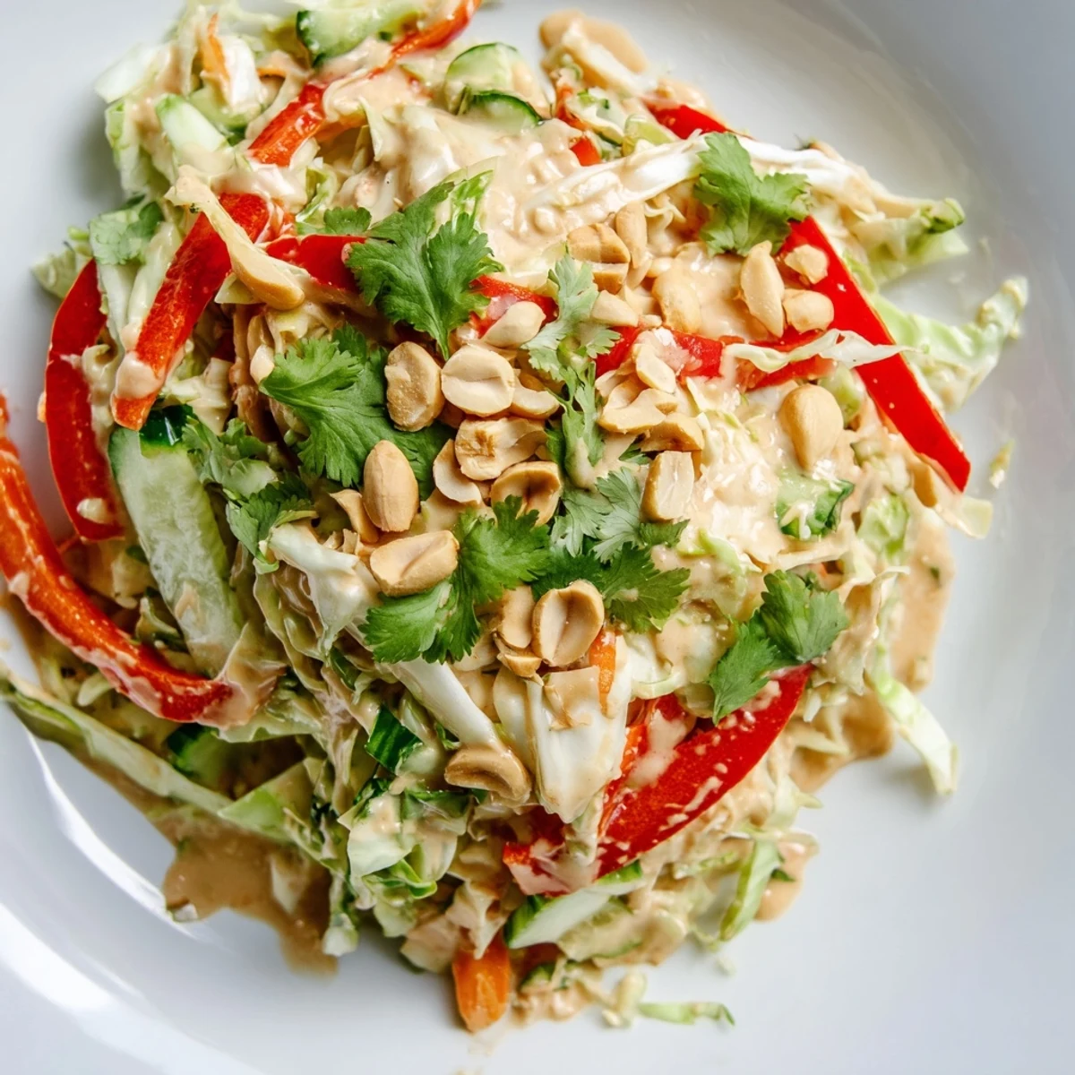 Colorful Thai salad peanut sauce drizzled over crunchy cabbage, carrots, and fresh cilantro