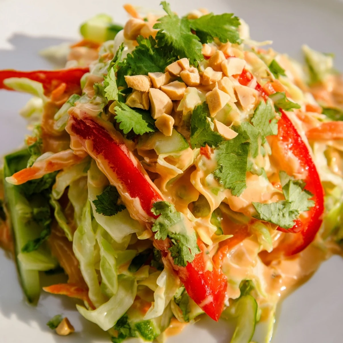 Creamy homemade peanut dressing coats crisp vegetables in this vibrant simple Thai salad