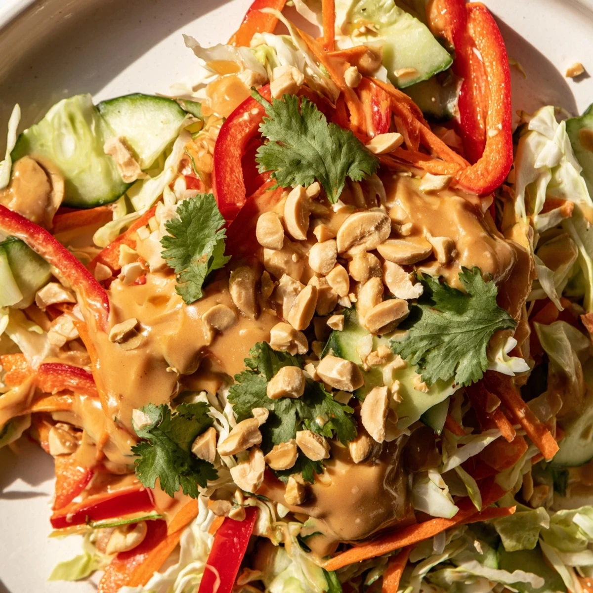 Fresh julienned vegetables topped with rich peanut sauce in this easy Thai side dish