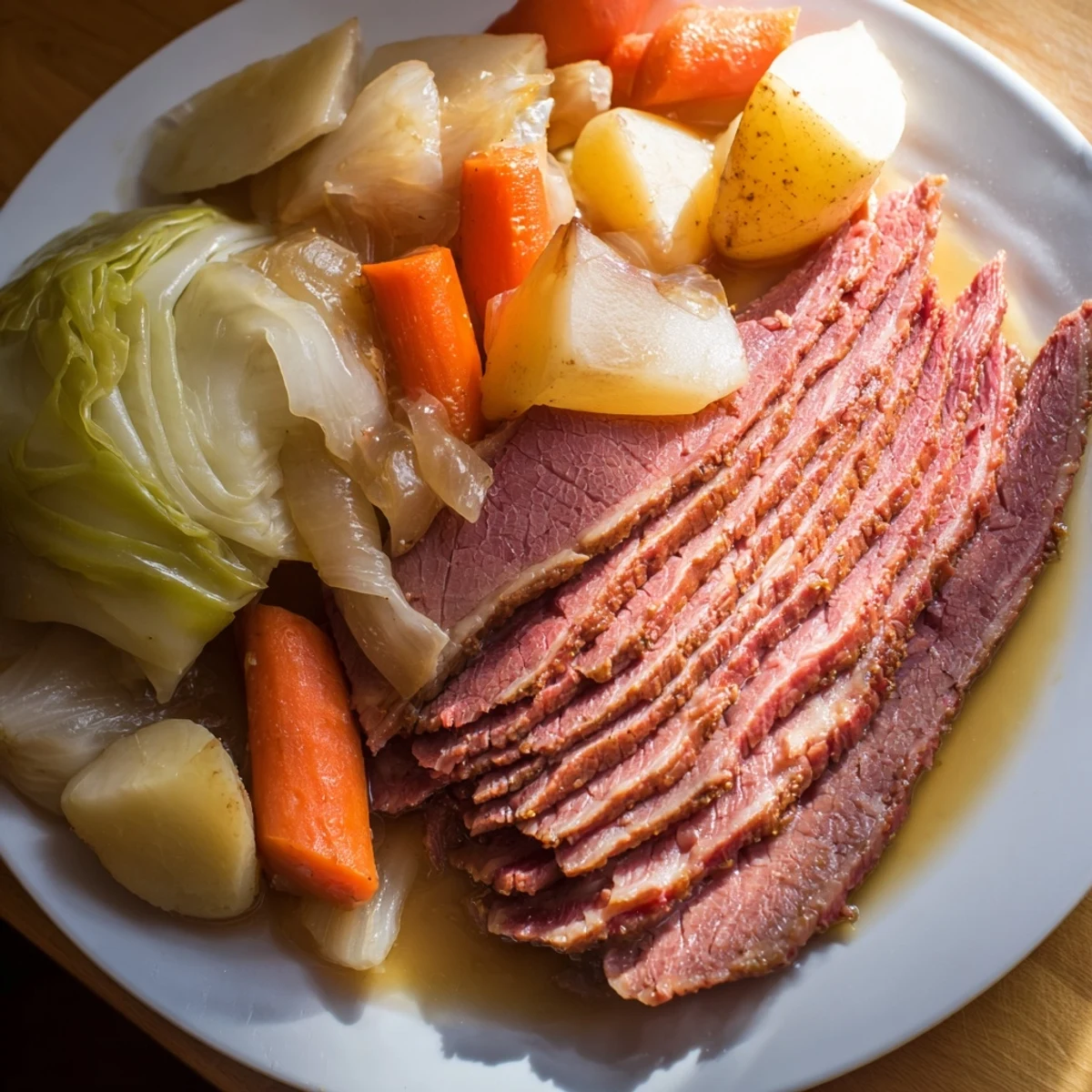 Slow cooker corned beef and cabbage with tender vegetables in a rich broth