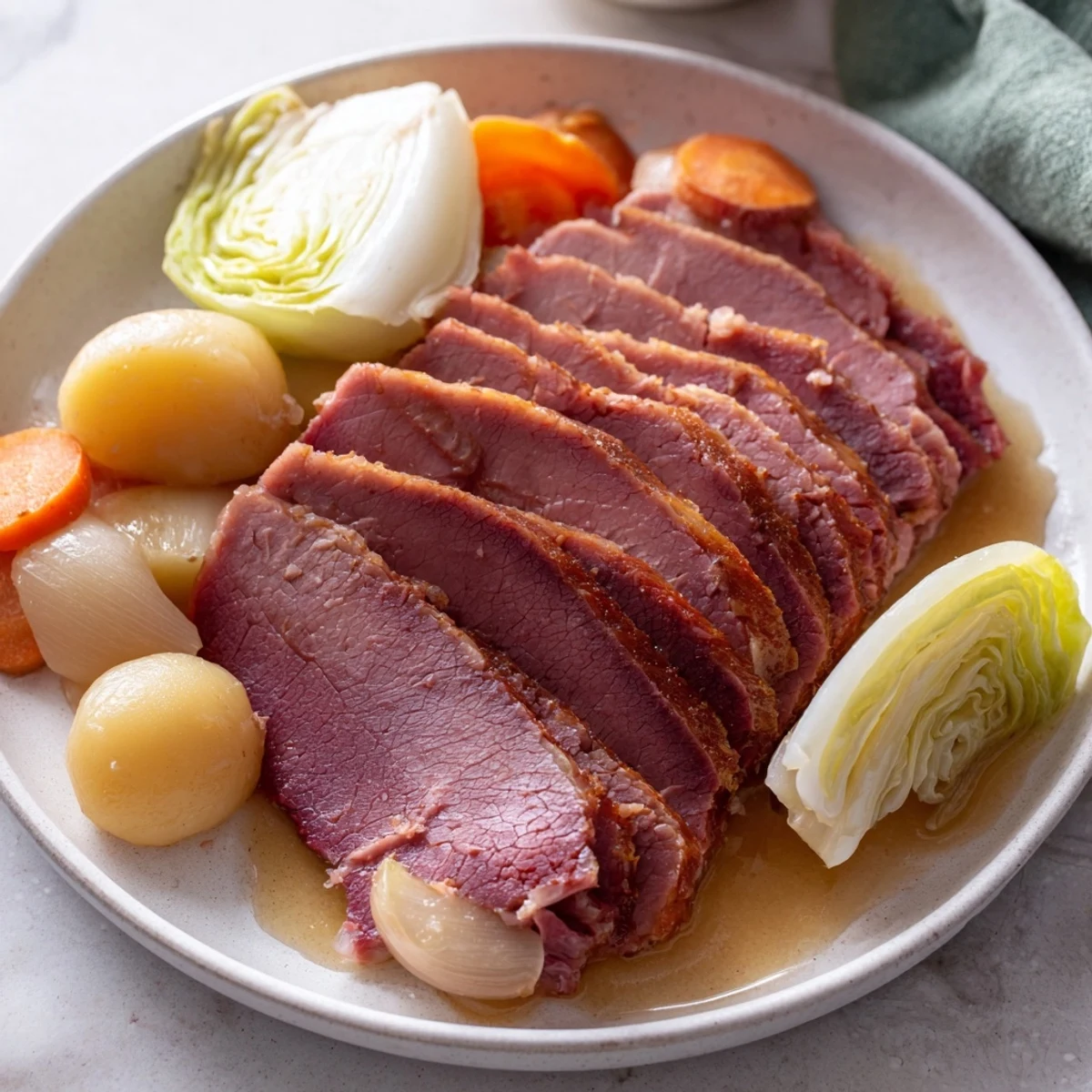 Sliced corned beef brisket served alongside cabbage wedges, carrots, and potatoes