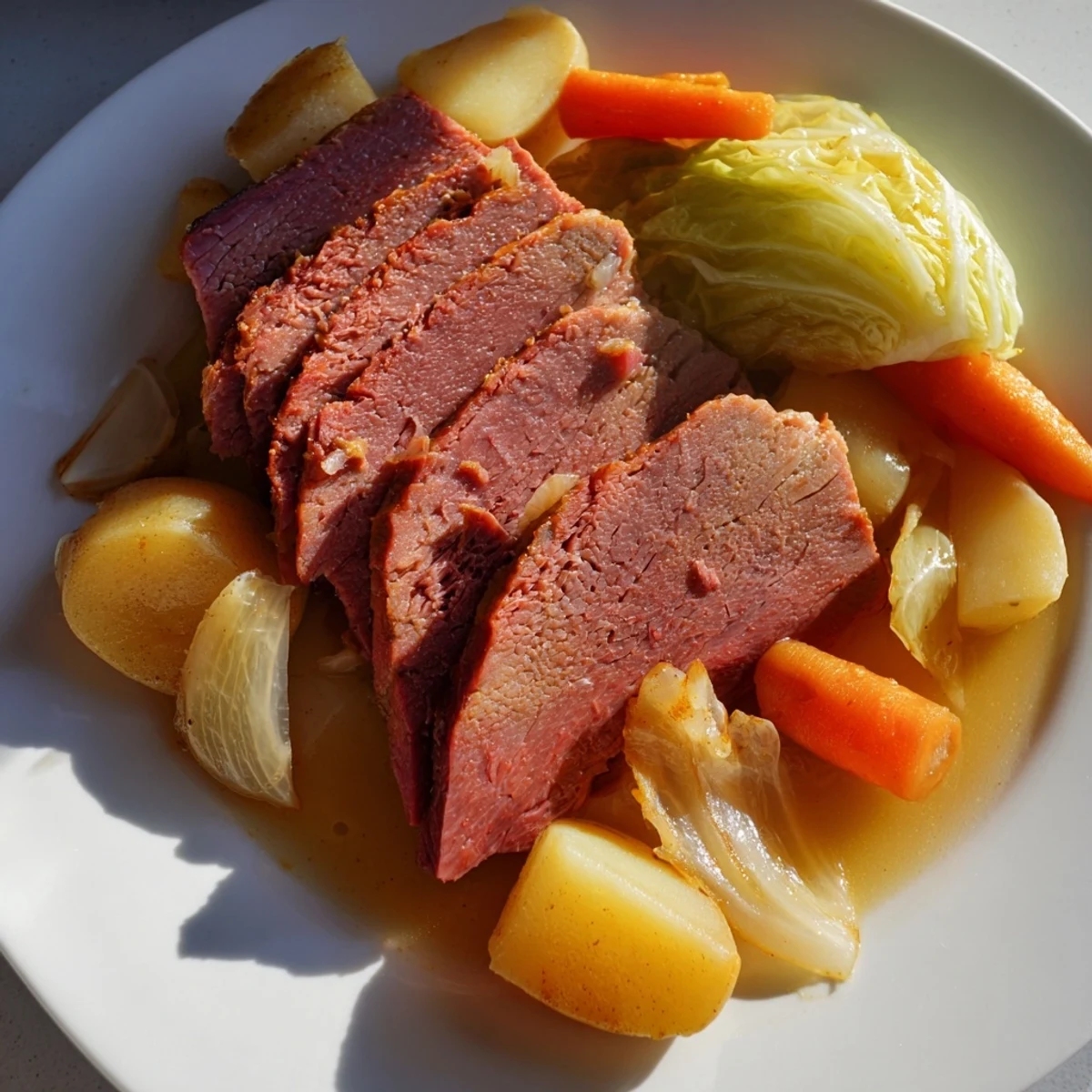 Hearty corned beef cabbage dish plated with rustic vegetables and savory cooking liquid