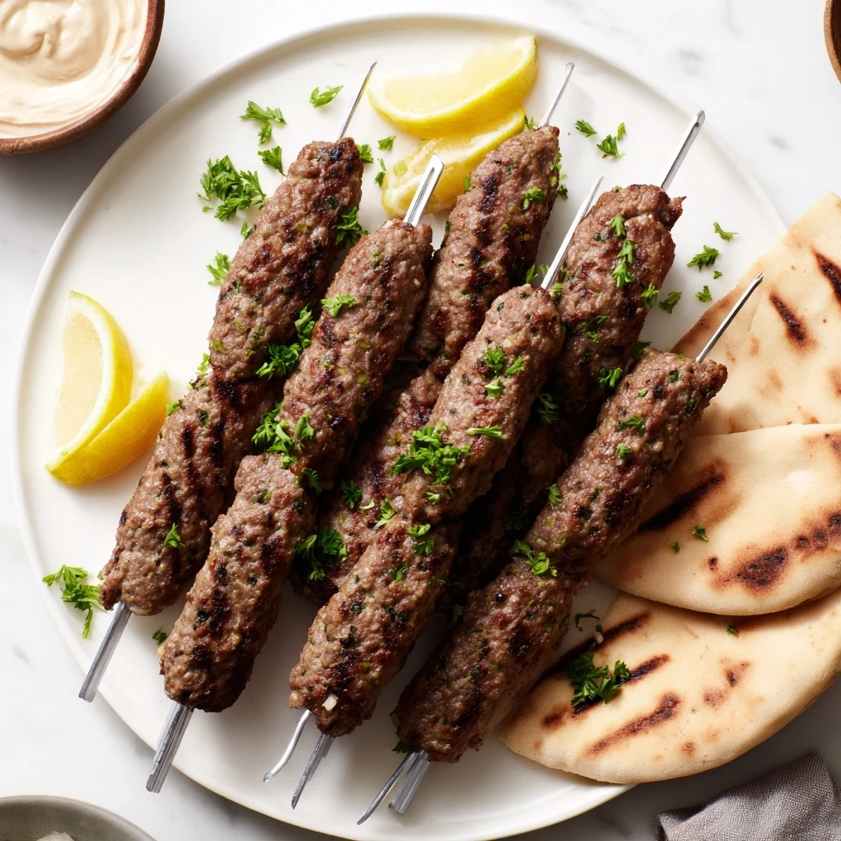 Golden brown Lebanese kafta kebabs grilled to perfection on metal skewers with fresh herbs