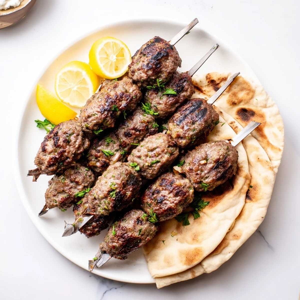 Juicy spiced Lebanese kafta served on pita bread with lemon wedges and tahini sauce platter