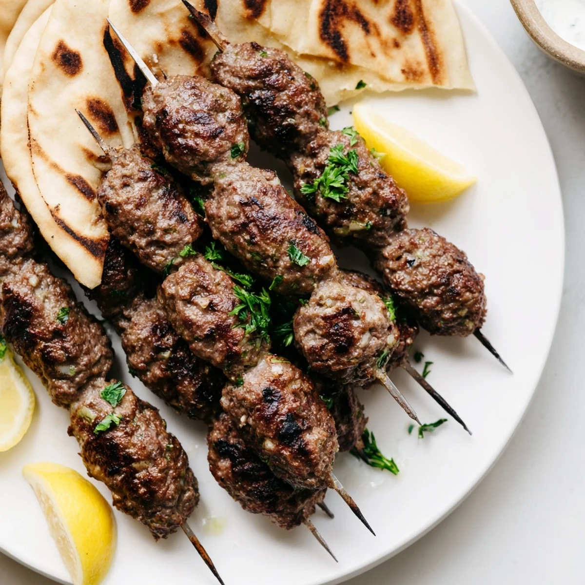 Easy Lebanese kafta ovals sizzling on a grill pan with chopped parsley and onion garnish