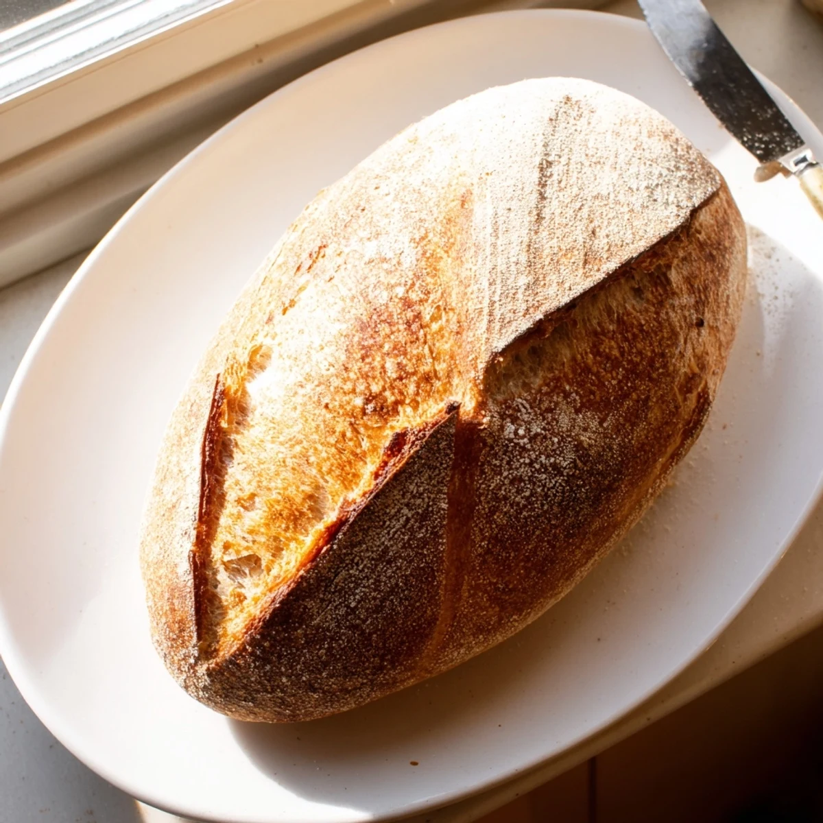 Golden brown crusty Italian bread loaf with a crackled exterior resting on a wire cooling rack
